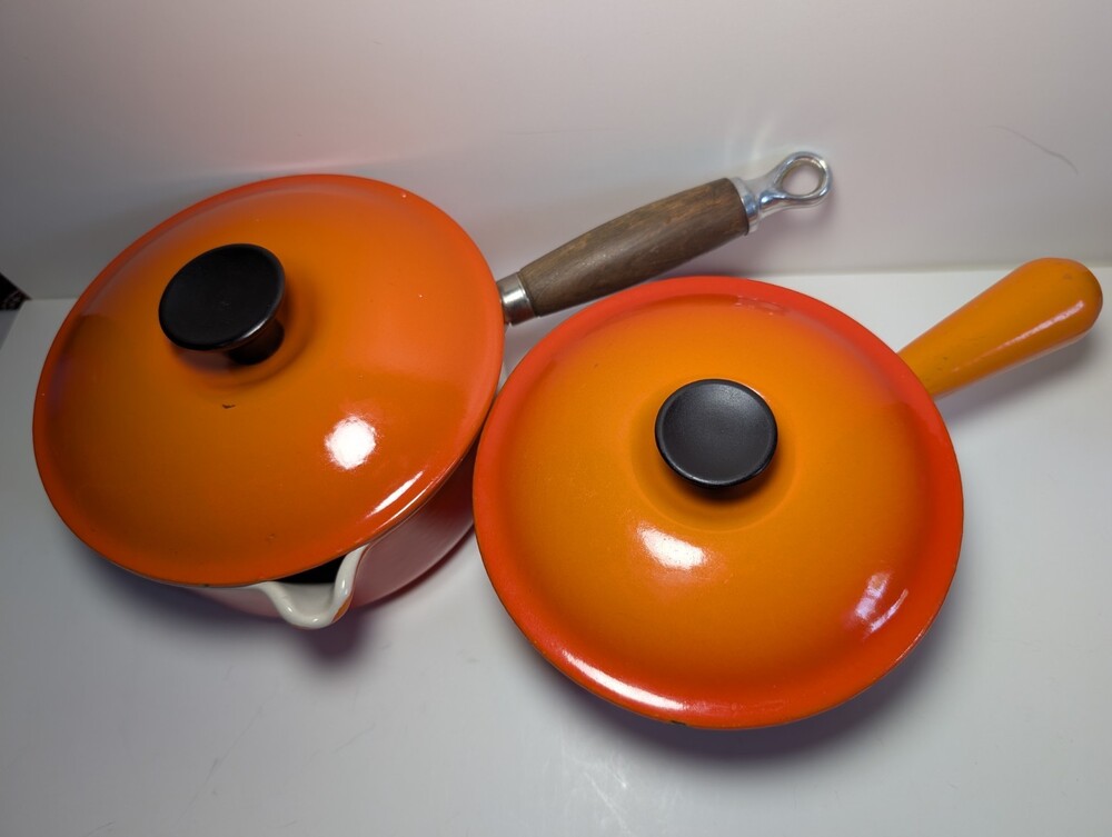 Vintage 70s Le Creuset France #16 & #18 Sauce Pans Enamel Iconic Orange Flame